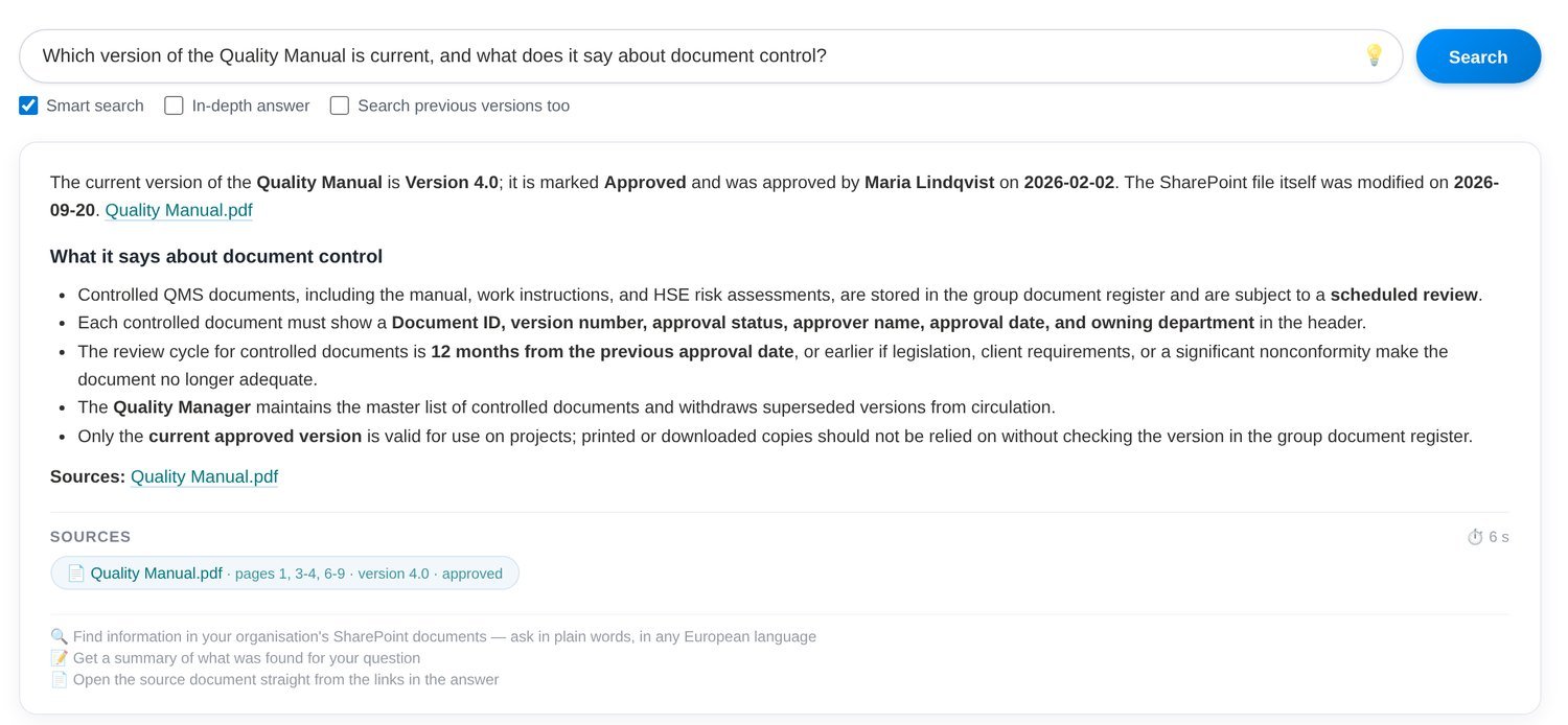 Answer about the Quality Manual with pages, version 4.0 and approval status on the source chip.