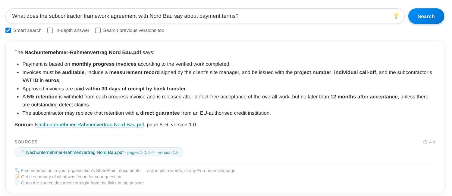 Question asked in English, answered from a German contract, with page and version.