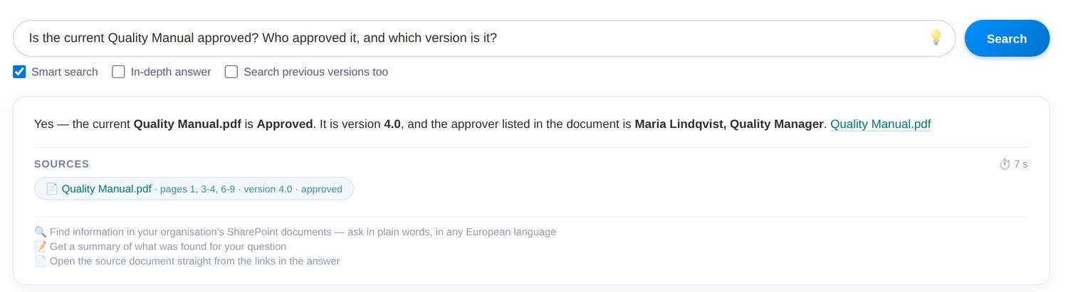 Answer stating the document is approved, by whom, and which version.